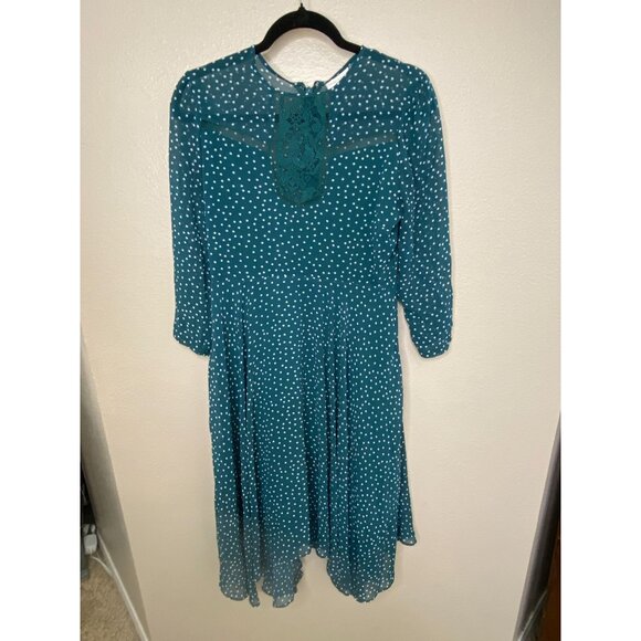 Eva Mendes New York & Company Teal Polka Dot Midi Dress Lace Accent Long Sleeves - Picture 2 of 8